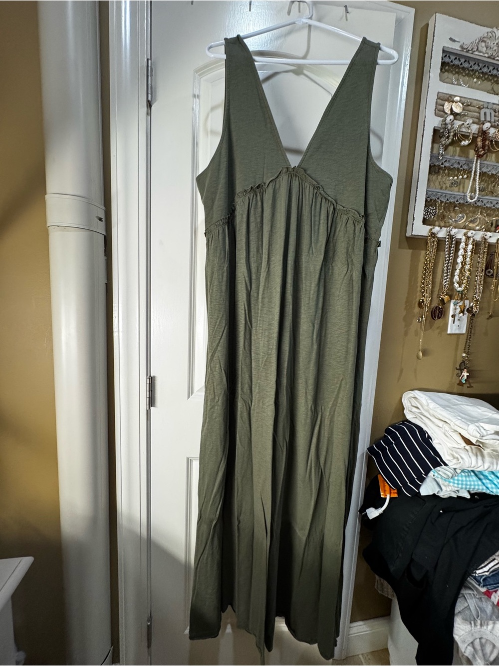 American Eagle Outfitters Olive Sleeveless V-Neck Wide-Leg Jumpsuit